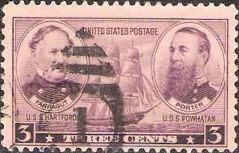 Purple 3-cent U.S. postage stamp picturing ship, David Farragut, and David Porter