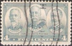 Gray 4-cent U.S. postage stamp picturing William Sampson, George Dewey, and Winfield Schley
