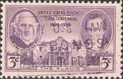 Purple 3-cent U.S. postage stamp picturing The Alamo, Sam Houston, and Stephen F. Austin