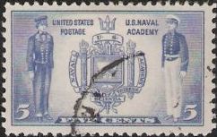 Blue 5-cent U.S. postage stamp picturing U.S. Naval Academy seal and sailors