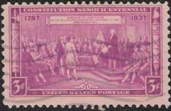 Red violet 3-cent U.S. postage stamp icturing 'Adoption of the Constitution'