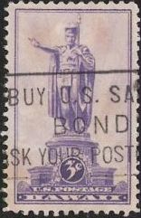 Purple 3-cent U.S. postage stamp picturing statue of Kamehameha I