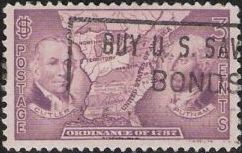 Red violet 3-cent U.S. postage stamp picturing map of Northwest Territory, Manasseh Cutler, and Rufus Putnam
