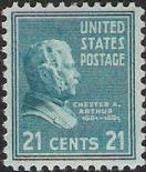 Blue 21-cent U.S. postage stamp picturing Chester A. Arthur