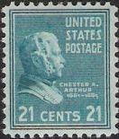 Blue 21-cent U.S. postage stamp picturing Chester A. Arthur