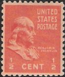 Orange 0.5-cent U.S. postage stamp picturing Benjamin Franklin