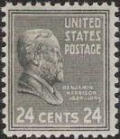 Gray 24-cent U.S. postage stamp picturing Benjamin Harrison