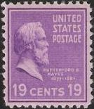 Purple 19-cent U.S. postage stamp picturing Rutherford B. Hayes
