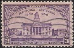 Purple 3-cent U.S. postage stamp picturing old Iowa Capitol Building