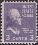 Purple 3-cent U.S. postage stamp picturing Thomas Jefferson