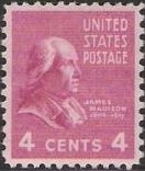 Red violet 4-cent U.S. postage stamp picturing James Madison