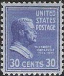 Blue 30-cent U.S. postage stamp picturing Theodore Roosevelt