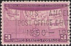 Purple 3-cent U.S. postage stamp picturing map of Washington, Montana, North Dakota, and South Dakota
