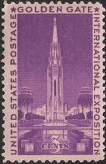 Purple 3-cent U.S. postage stamp picturing 'Tower of the Sun'