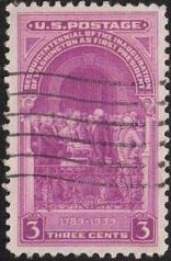 Red violet 3-cent U.S. postage stamp picturing George Washington's inauguration