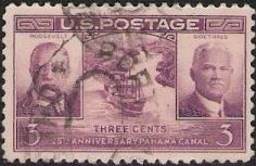Purple 3-cent U.S. postage stamp picturing the Panama Canal, Theodore Roosevelt, and George Goethals