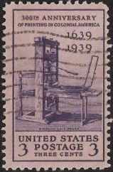 Purple 3-cent U.S. postage stamp picturing printing press