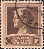 Brown 10-cent U.S. postage stamp picturing Jane Addams