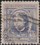 Blue 5-cent U.S. postage stamp picturing Louisa May Alcott