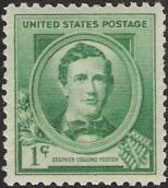 Green 1-cent U.S. postage stamp picturing Stephen Collins Foster
