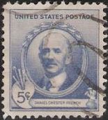 Blue 5-cent U.S. postage stamp picturing Daniel Chester French
