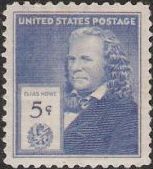 Blue 5-cent U.S. postage stamp picturing Elias Howe