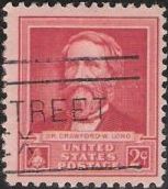 Red 2-cent U.S. postage stamp picturing Crawford Long