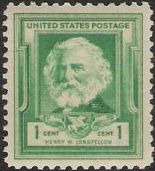 Green 1-cent U.S. postage stamp picturing Henry W. Longfellow