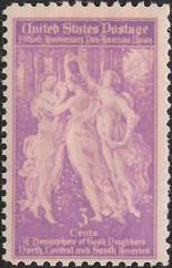 Purple 3-cent U.S. postage stamp picturing The Three Graces by Sandro Botticelli