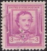 Red violet 3-cent U.S. postage stamp picturing Edgar Allan Poe