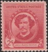 Red 2-cent U.S. postage stamp picturing James McNeill Whistler
