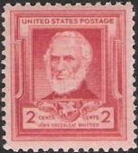 Red 2-cent U.S. postage stamp picturing John Greenleaf Whittier