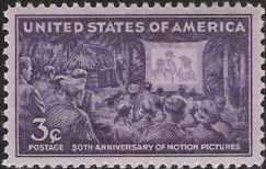 Purple 3-cent U.S> postage stamp picturing servicemen watching movie projected on screen