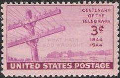 Red violet 3-cent U.S. postage stamp picturing telegraph pole and wires