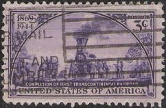 Purple 3-cent U.S. postage stamp picturing people standing around train