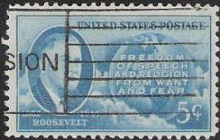 Blue 5-cent U.S. postage stamp picturing Franklin D. Roosevelt and list of Four Freedoms