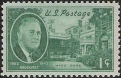 Green 1-cent U.S. postage stamp picturing Franklin D. Roosevelt and Hyde Park