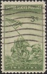 Green 1-cent U.S. postage stamp picturing American servicemen raising U.S. flag on Iwo Jima
