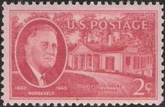 Red 2-cent U.S. postage stamp picturing Franklin D. Roosevelt and the Little White House