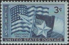 Blue 3-cent U.S. postage stamp picturing U.S. and Texas flags