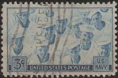 Blue 3-cent U.S. postage stamp picturing sailors