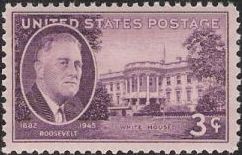 Purple 3-cent U.S. postage stamp picturing Franklin D. Roosevelt and the White House