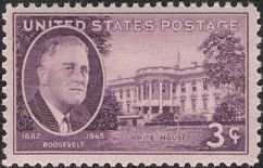 Purple 3-cent U.S. postage stamp picturing Franklin D. Roosevelt and the White House