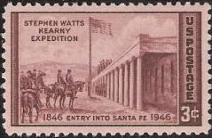 Red brown 3-cent U.S. postage stamp picturing members of Stephen Watts Kearney Expedition entering Santa Fe, New Mexico