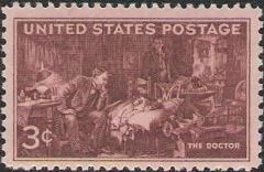 Red brown 3-cent U.S. postage stamp picturing 'The Doctor' by Luke Fildes