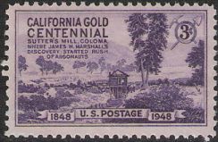 Purple 3-cent U.S. postage stamp picturing Sutter's Mill in Coloma, California