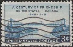 Blue 3-cent U.S. postage stamp picturing Niagara Railway Suspension Bridge