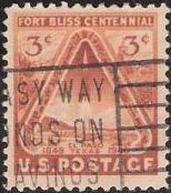 Brown orange 3-cent U.S. postage stamp picturing rocket launching from El Paso, Texas