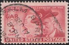Red 3-cent U.S. postage stamp picturing soldiers
