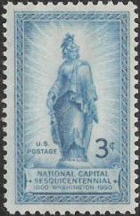 Blue 3-cent U.S. postage stamp picturing Statue of Freedom